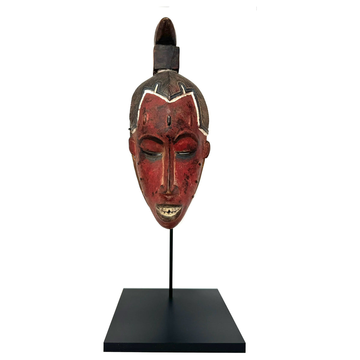 Vintage Guro Mask from Ivory Coast with Metal Stand - 18.5" H X 5.5" W X 4" D