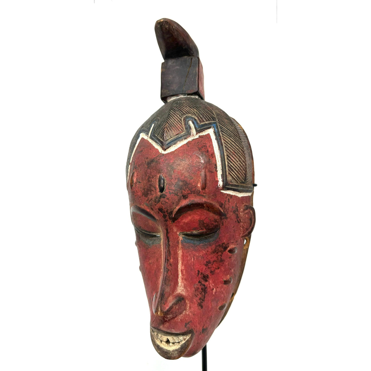 Vintage Guro Mask from Ivory Coast with Metal Stand - 18.5" H X 5.5" W X 4" D