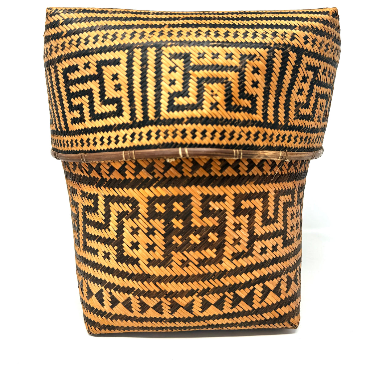 Intricately Woven Vintage T'boli Basket with Lid and Geometric Designs from the Philippines - 10.5" H X 11" L X 11" W