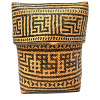 Intricately Woven Vintage T'boli Basket with Lid and Geometric Designs from the Philippines - 10.5" H X 11" L X 11" W