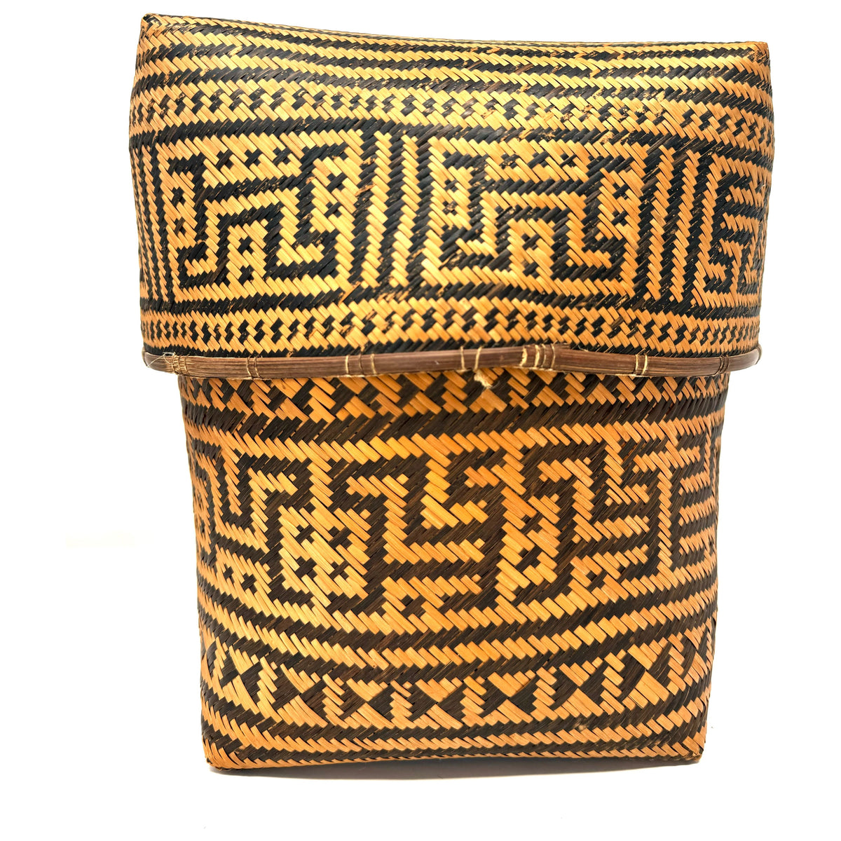 Intricately Woven Vintage T'boli Basket with Lid and Geometric Designs from the Philippines - 10.5" H X 11" L X 11" W