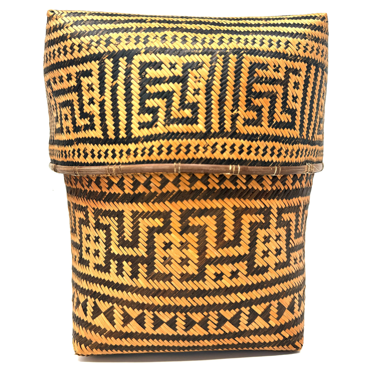 Intricately Woven Vintage T'boli Basket with Lid and Geometric Designs from the Philippines - 10.5" H X 11" L X 11" W