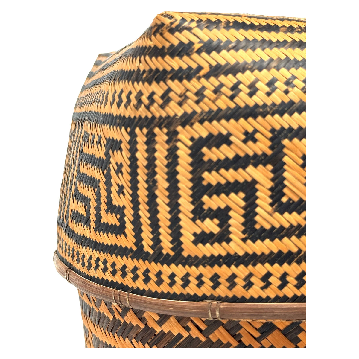 Intricately Woven Vintage T'boli Basket with Lid and Geometric Designs from the Philippines - 10.5" H X 11" L X 11" W