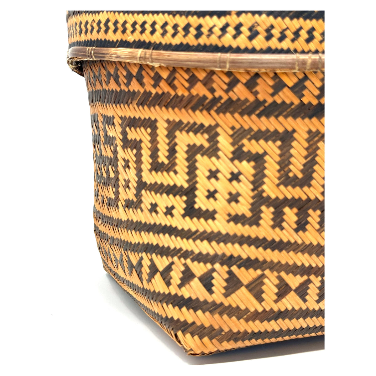 Intricately Woven Vintage T'boli Basket with Lid and Geometric Designs from the Philippines - 10.5" H X 11" L X 11" W