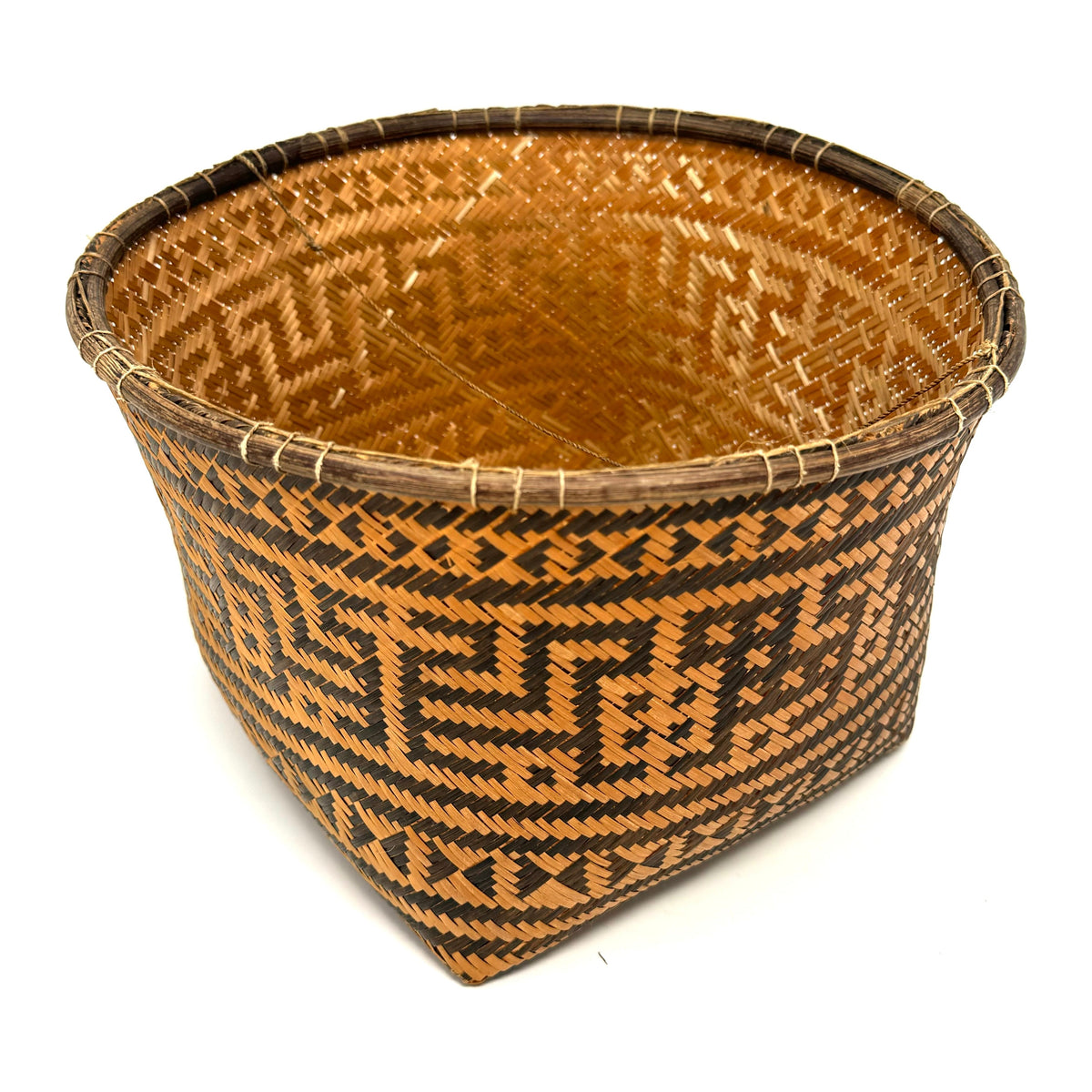 Intricately Woven Vintage T'boli Basket with Lid and Geometric Designs from the Philippines - 10.5" H X 11" L X 11" W