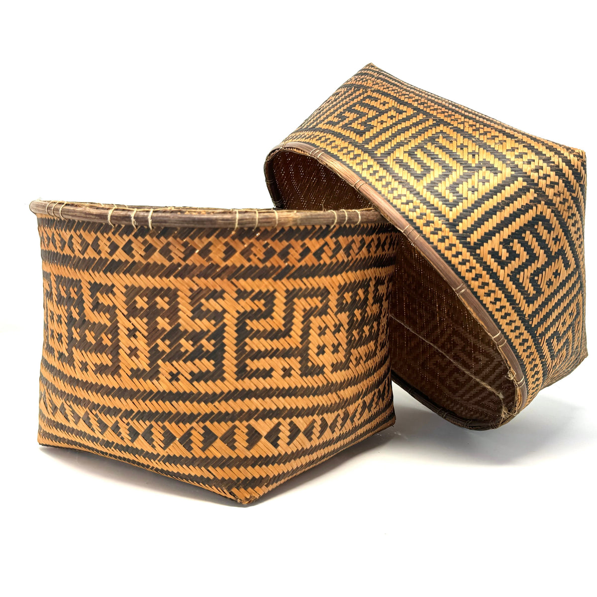 Intricately Woven Vintage T'boli Basket with Lid and Geometric Designs from the Philippines - 10.5" H X 11" L X 11" W