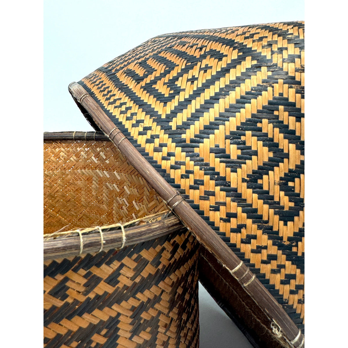 Intricately Woven Vintage T'boli Basket with Lid and Geometric Designs from the Philippines - 10.5" H X 11" L X 11" W