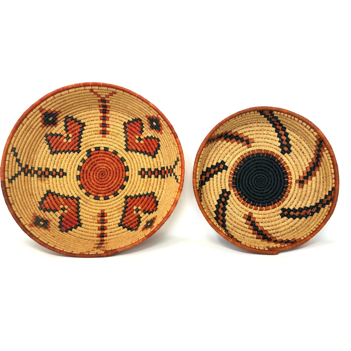 Set of Two African Handwoven Round Baskets with Orange and Black Designs Measuring 8 & 9.5 Inches Diameter