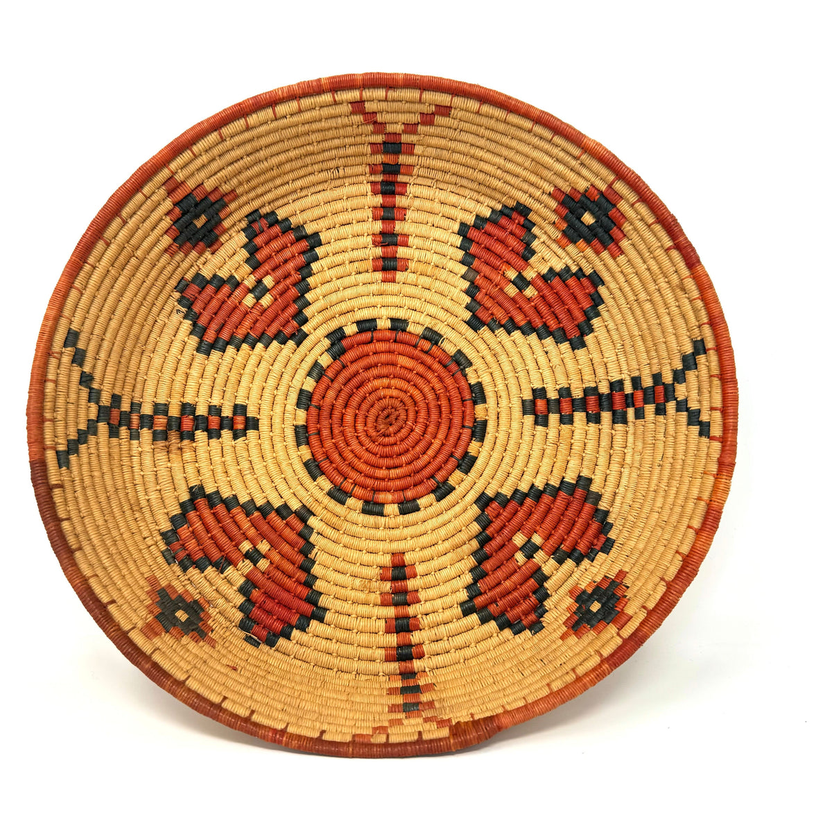 Set of Two African Handwoven Round Baskets with Orange and Black Designs Measuring 8 & 9.5 Inches Diameter