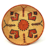 Set of Two African Handwoven Round Baskets with Orange and Black Designs Measuring 8 & 9.5 Inches Diameter