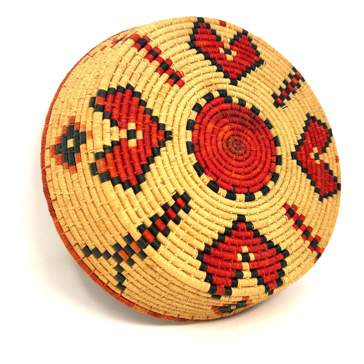 Set of Two African Handwoven Round Baskets with Orange and Black Designs Measuring 8 & 9.5 Inches Diameter