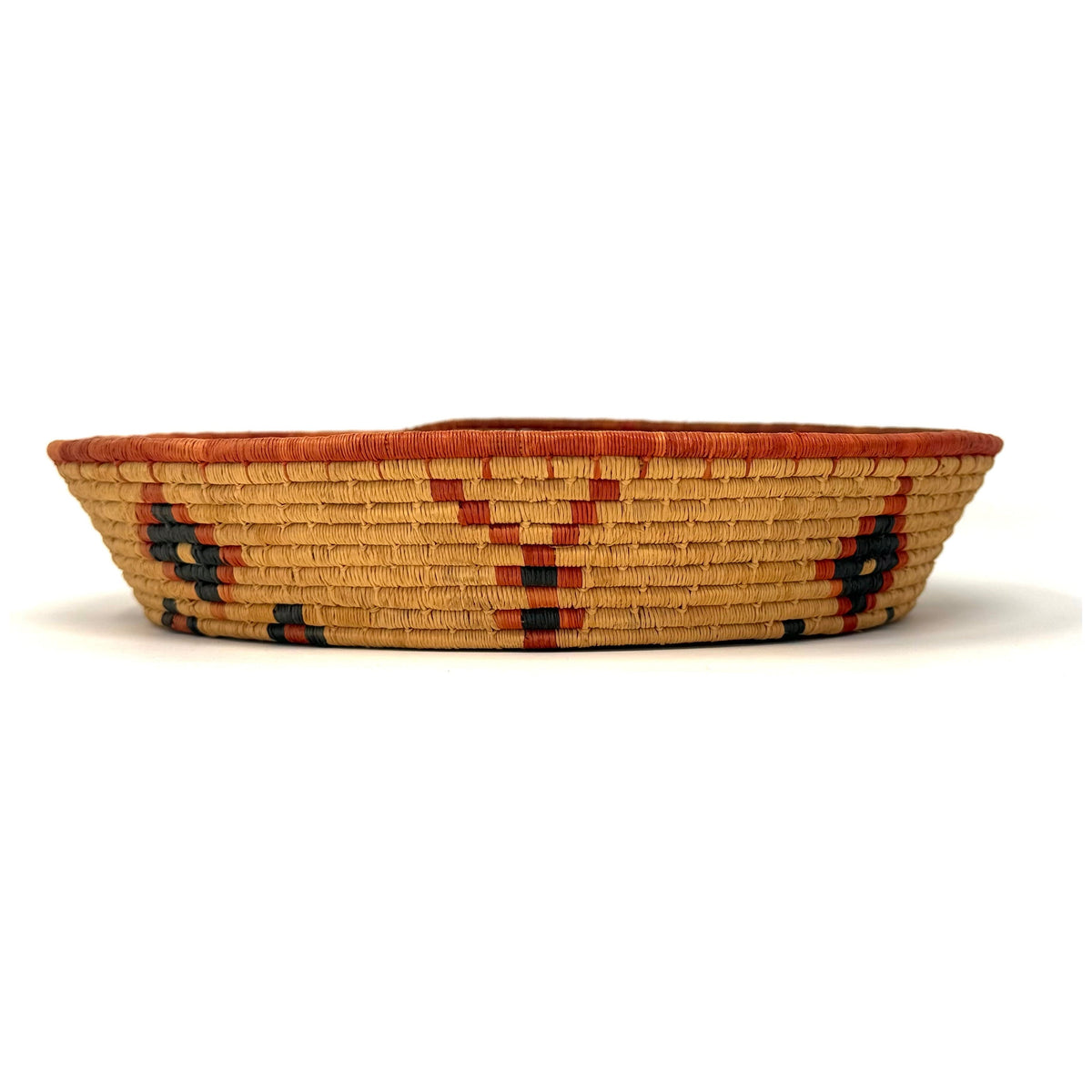 Set of Two African Handwoven Round Baskets with Orange and Black Designs Measuring 8 & 9.5 Inches Diameter