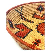 Set of Two African Handwoven Round Baskets with Orange and Black Designs Measuring 8 & 9.5 Inches Diameter