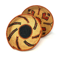 Set of Two African Handwoven Round Baskets with Orange and Black Designs Measuring 8 & 9.5 Inches Diameter