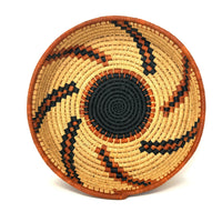 Set of Two African Handwoven Round Baskets with Orange and Black Designs Measuring 8 & 9.5 Inches Diameter