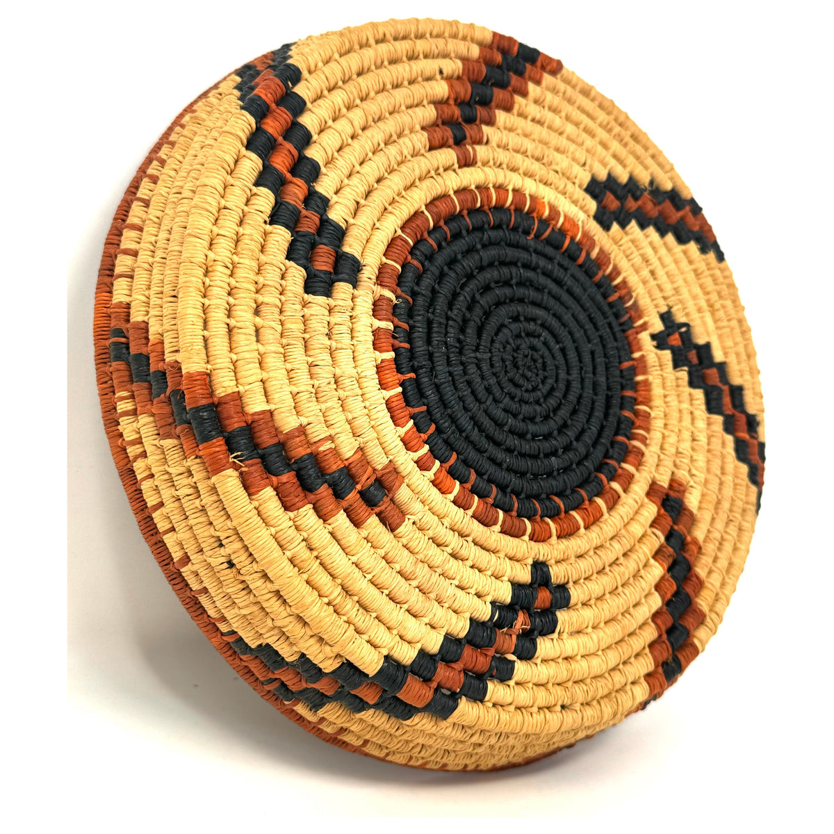 Set of Two African Handwoven Round Baskets with Orange and Black Designs Measuring 8 & 9.5 Inches Diameter