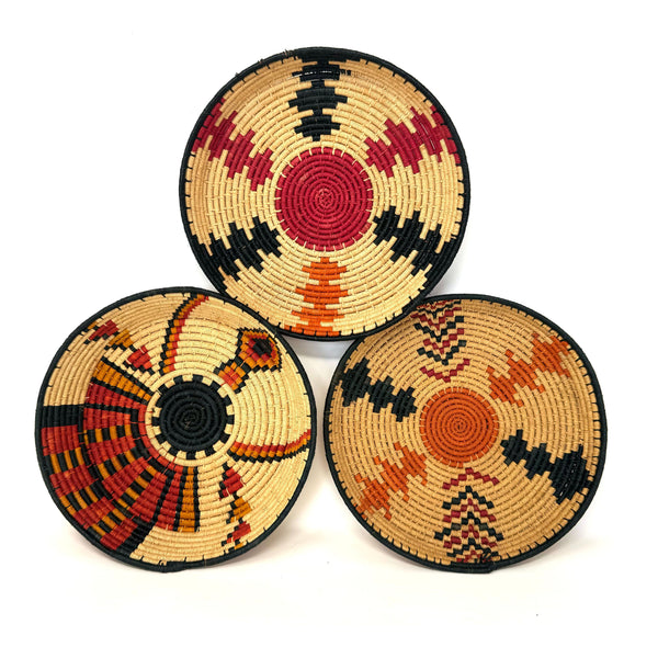 Set of Three African Handwoven Round Baskets with Red, Orange and Black Designs Each Measuring 7.5 Inches Diameter