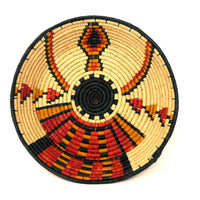 Set of Three African Handwoven Round Baskets with Red, Orange and Black Designs Each Measuring 7.5 Inches Diameter