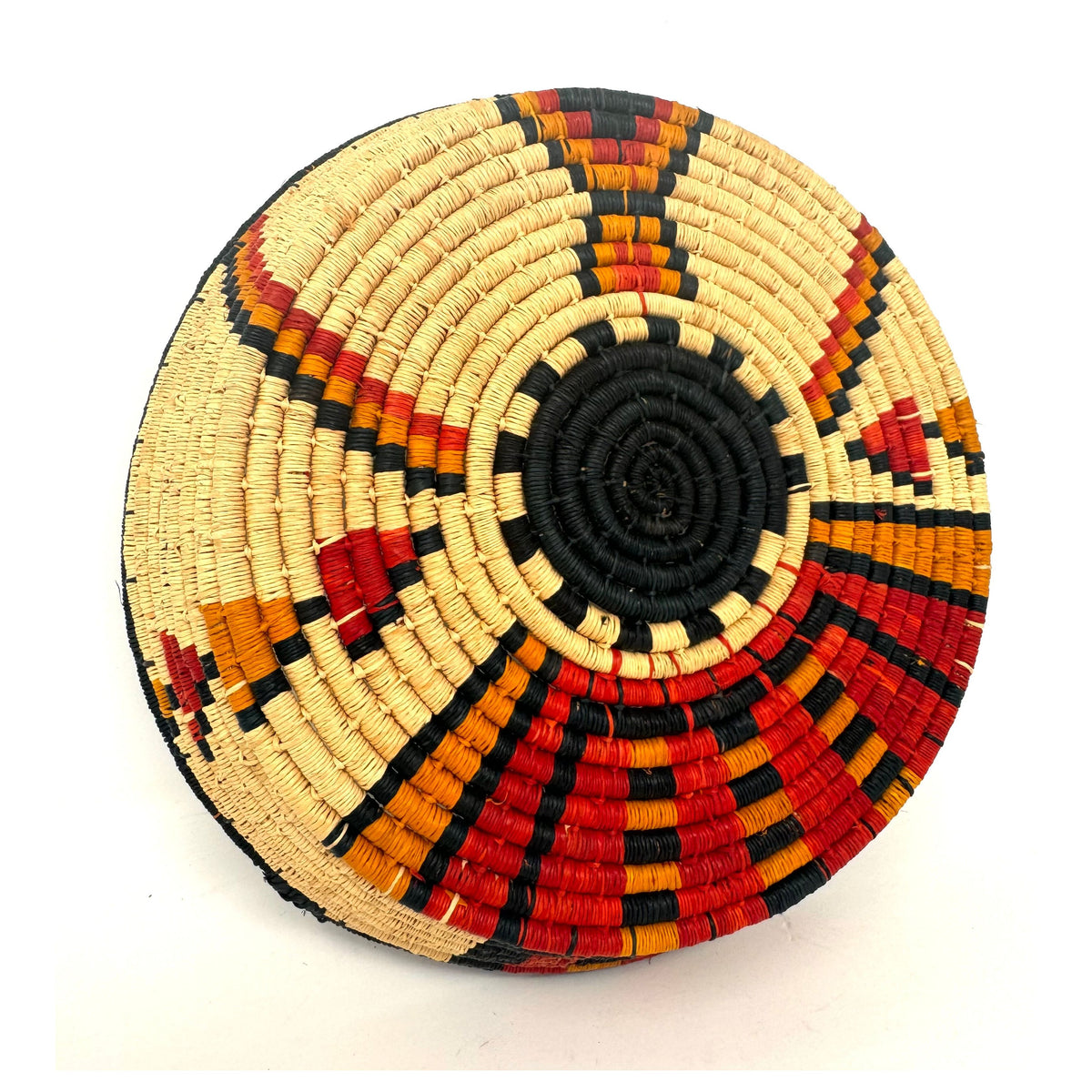 Set of Three African Handwoven Round Baskets with Red, Orange and Black Designs Each Measuring 7.5 Inches Diameter