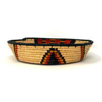 Set of Three African Handwoven Round Baskets with Red, Orange and Black Designs Each Measuring 7.5 Inches Diameter