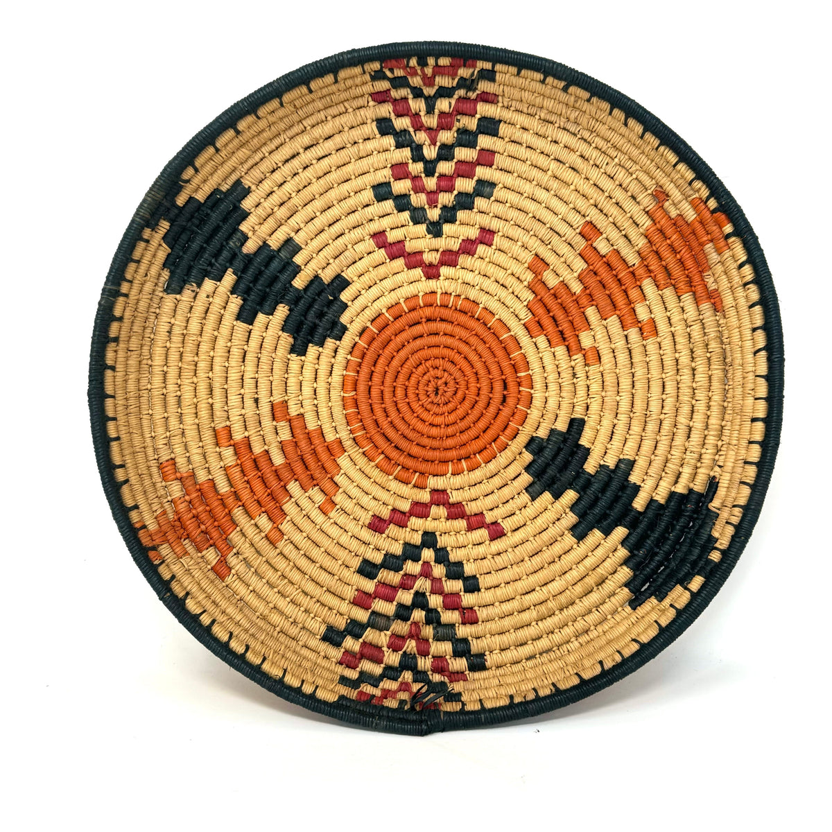 Set of Three African Handwoven Round Baskets with Red, Orange and Black Designs Each Measuring 7.5 Inches Diameter