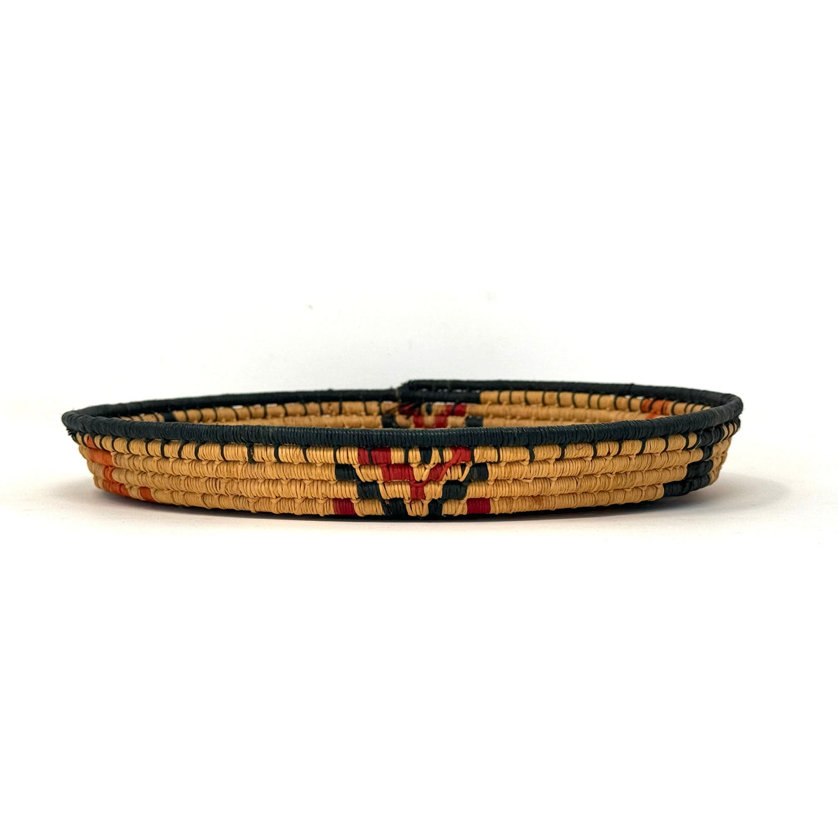 Set of Three African Handwoven Round Baskets with Red, Orange and Black Designs Each Measuring 7.5 Inches Diameter