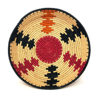 Set of Three African Handwoven Round Baskets with Red, Orange and Black Designs Each Measuring 7.5 Inches Diameter