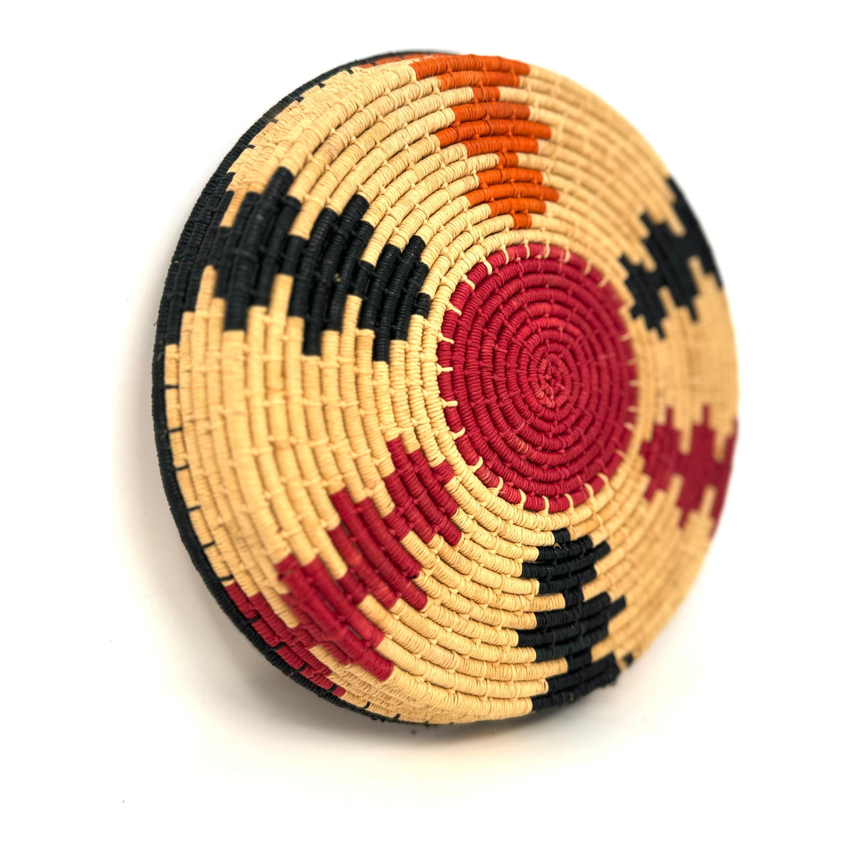 Set of Three African Handwoven Round Baskets with Red, Orange and Black Designs Each Measuring 7.5 Inches Diameter