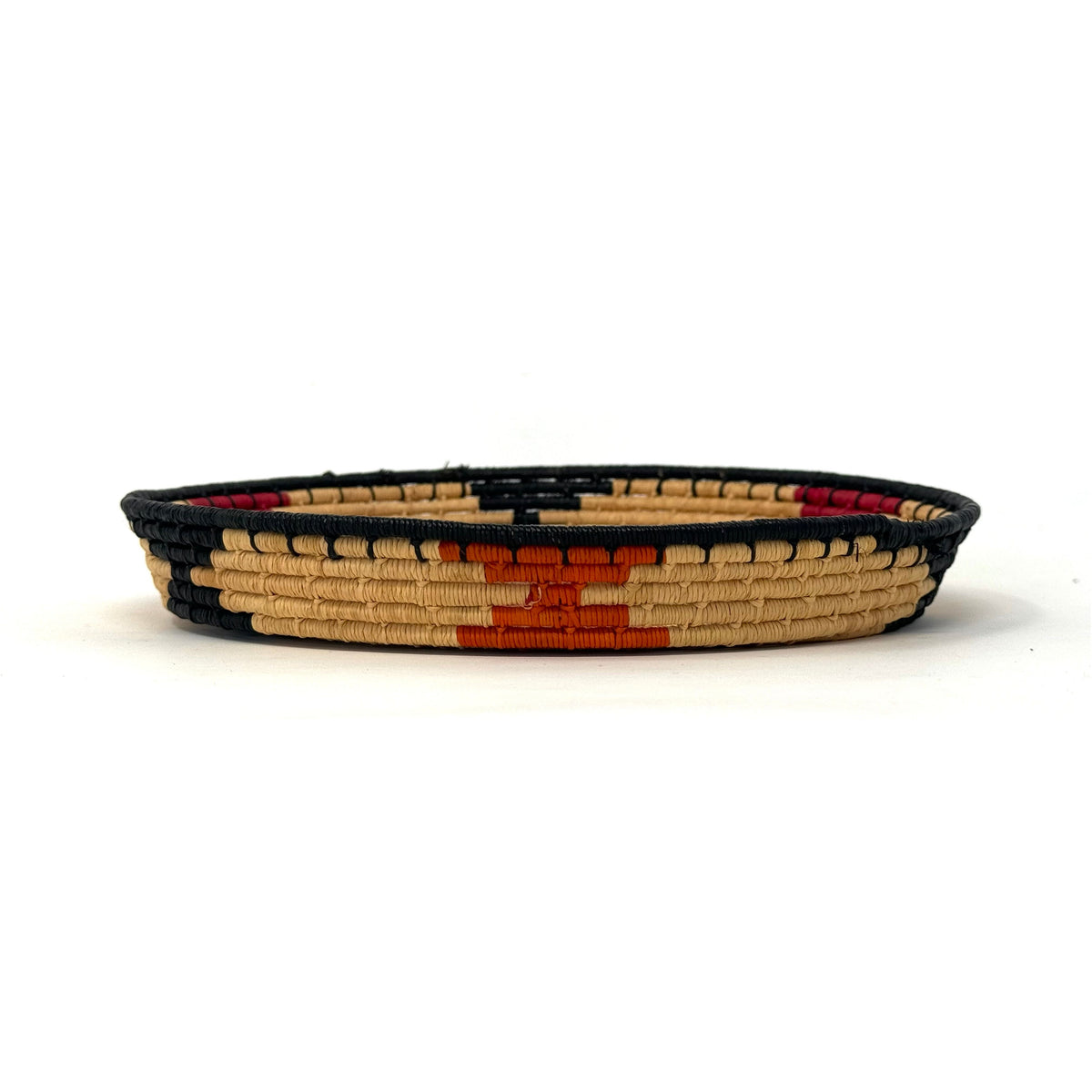 Set of Three African Handwoven Round Baskets with Red, Orange and Black Designs Each Measuring 7.5 Inches Diameter