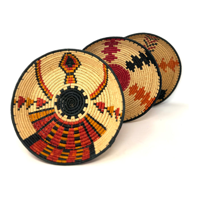 Set of 3 African Round Baskets with Red, Orange & Black Designs - 7.5" Diam. (Each)