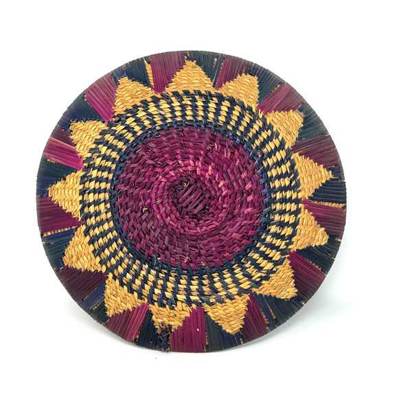 Small Vintage Handwoven Basket from Burkina Faso with Geometric Pattern in Purple, Blue and Black Measuring 7.75 Diameter by 1 Inch Tall