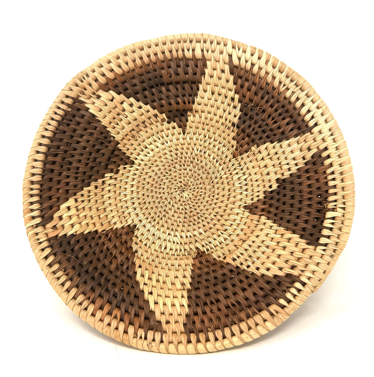 Small Vintage African Handwoven Basket with Star Design in Neutral Tones Measuring 8 Inches Diameter by 1 Inch Tall