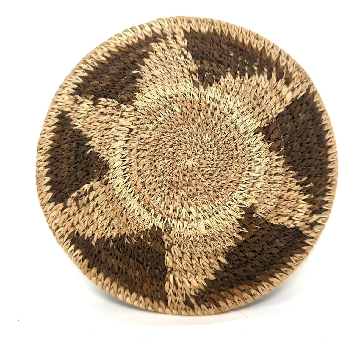 Small Vintage African Handwoven Basket with Star Design in Neutral Tones Measuring 8 Inches Diameter by 1 Inch Tall