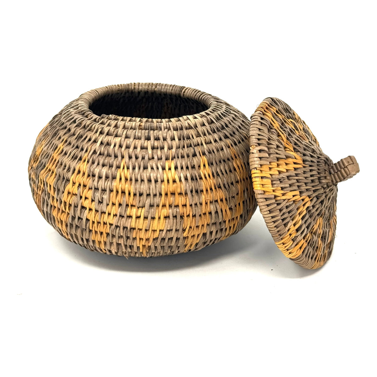 Small Vintage Handwoven Basket with Lid from Burkina Faso Measuring  4.75 Inches Tall by 5.5 Inches Diameter