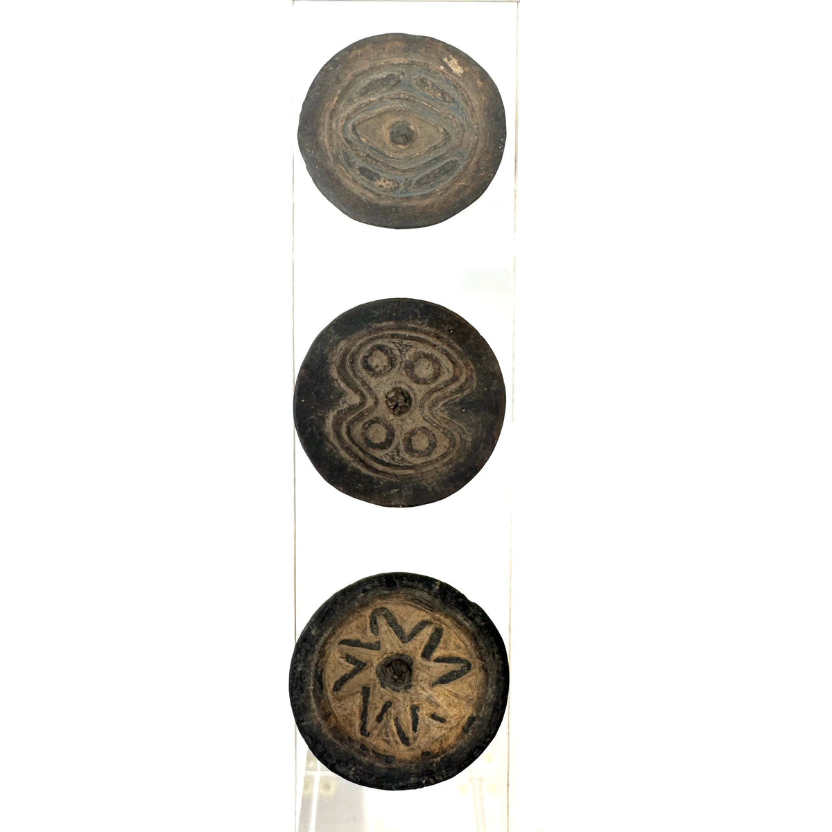 Set of Three Abelam Coconut Shell Tops/Children's Toys with Incised Designs and Acrylic Stand from Papua New Guinea (PNG)