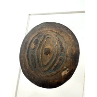 Set of Three Abelam Coconut Shell Tops/Children's Toys with Incised Designs and Acrylic Stand from Papua New Guinea (PNG)