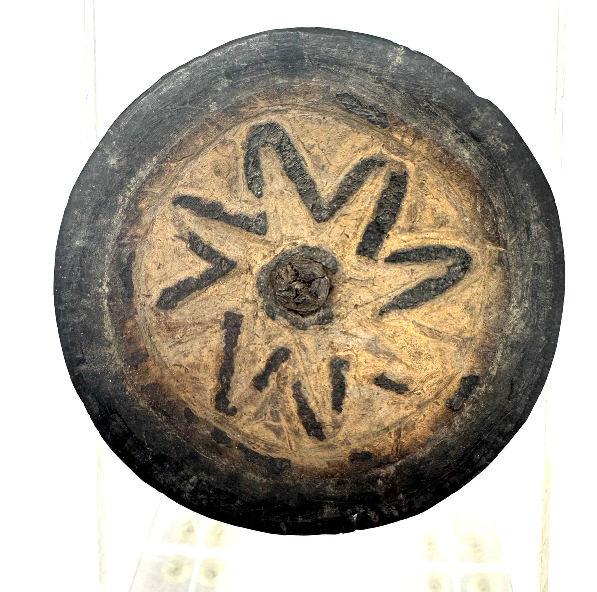 Set of Three Abelam Coconut Shell Tops/Children's Toys with Incised Designs and Acrylic Stand from Papua New Guinea (PNG)