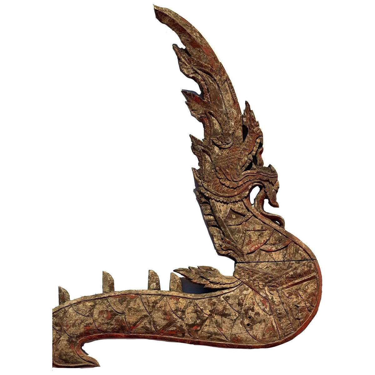 Monumental 19th Century Thai Wooden Temple Dragon with Reddish/Natural Coloration - 8.5' L X 4' H X 2.5" D