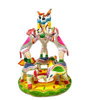 Brightly Painted Vintage Mexican 'Tree of Life' Pottery Sculpture of Elephants - 13" H X 10 " Diam.