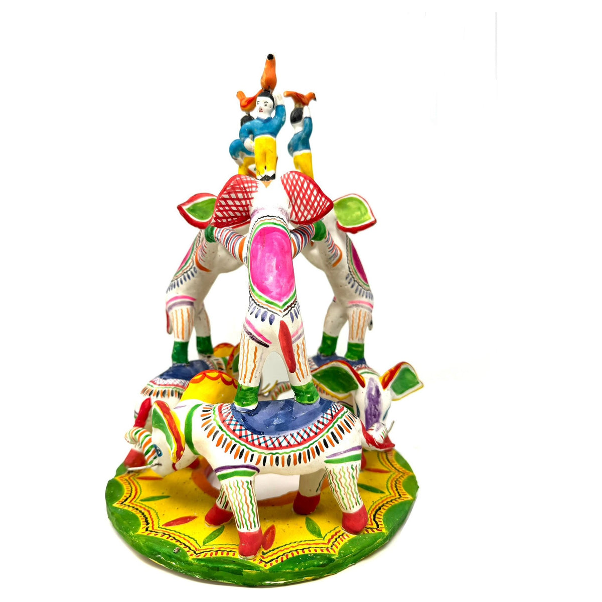 Brightly Painted Vintage Mexican 'Tree of Life' Pottery Sculpture of Elephants - 13" H X 10 " Diam.