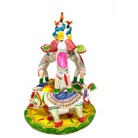 Brightly Painted Vintage Mexican 'Tree of Life' Pottery Sculpture of Elephants - 13" H X 10 " Diam.