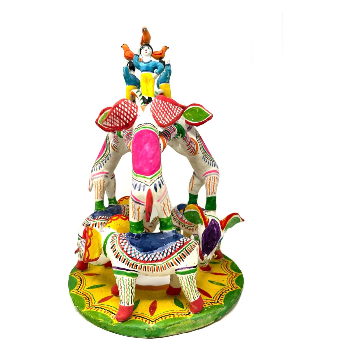 Brightly Painted Vintage Mexican 'Tree of Life' Pottery Sculpture of Elephants - 13" H X 10 " Diam.