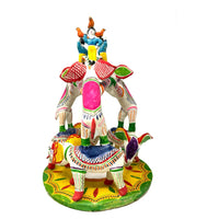 Brightly Painted Vintage Mexican 'Tree of Life' Pottery Sculpture of Elephants - 13" H X 10 " Diam.