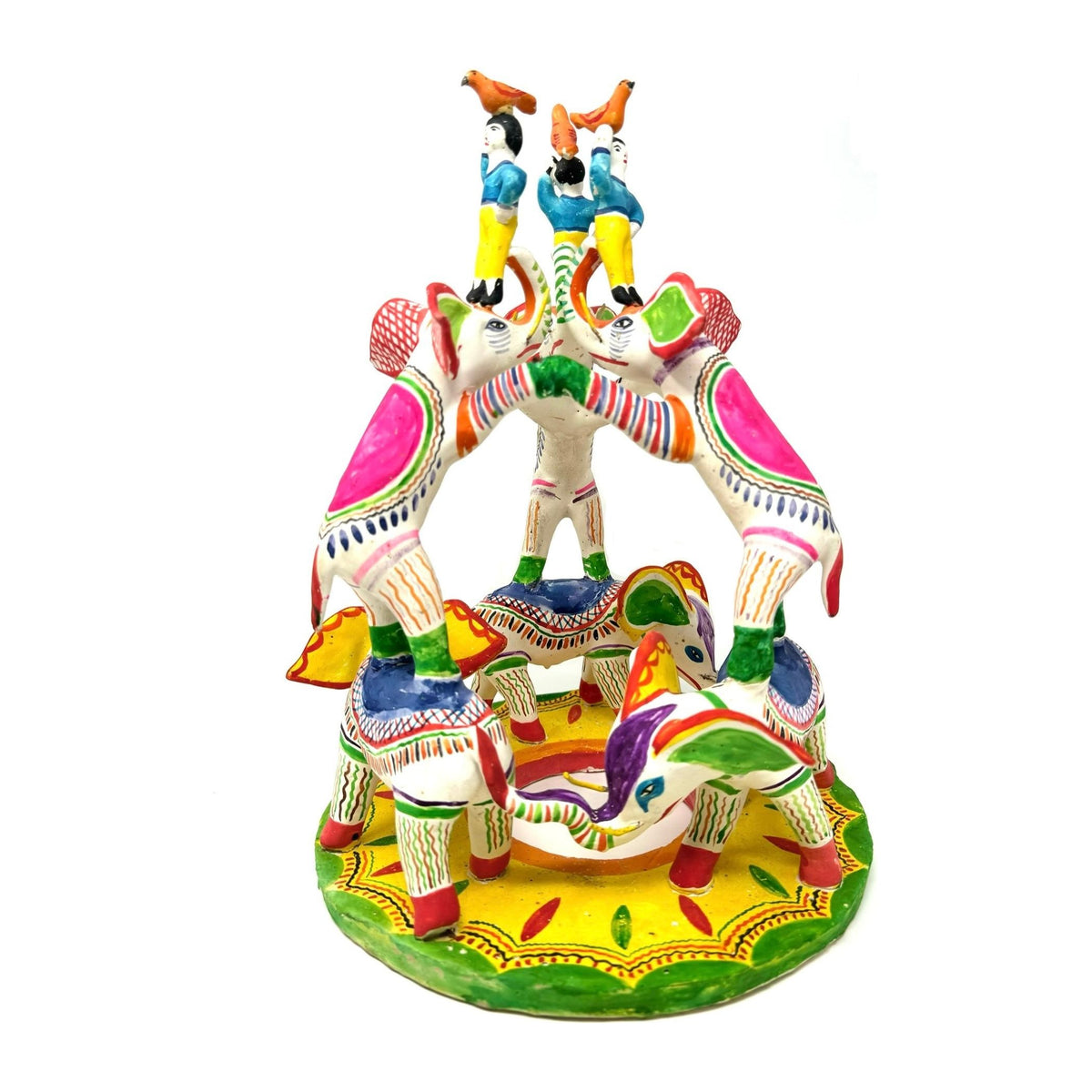 Brightly Painted Vintage Mexican 'Tree of Life' Pottery Sculpture of Elephants - 13" H X 10 " Diam.