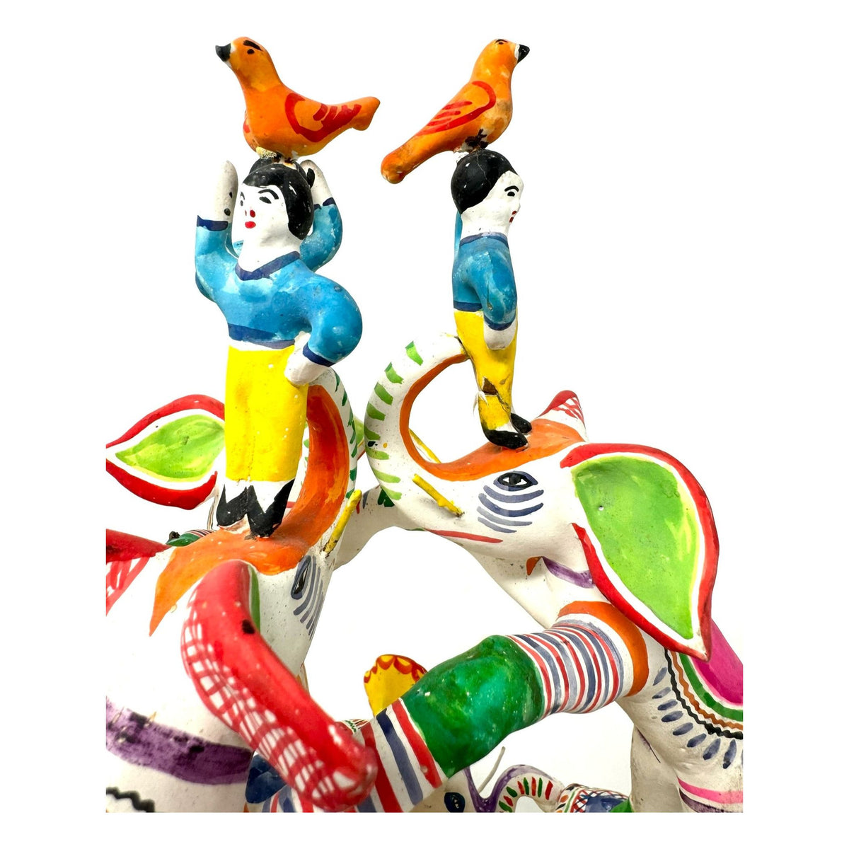 Brightly Painted Vintage Mexican 'Tree of Life' Pottery Sculpture of Elephants - 13" H X 10 " Diam.