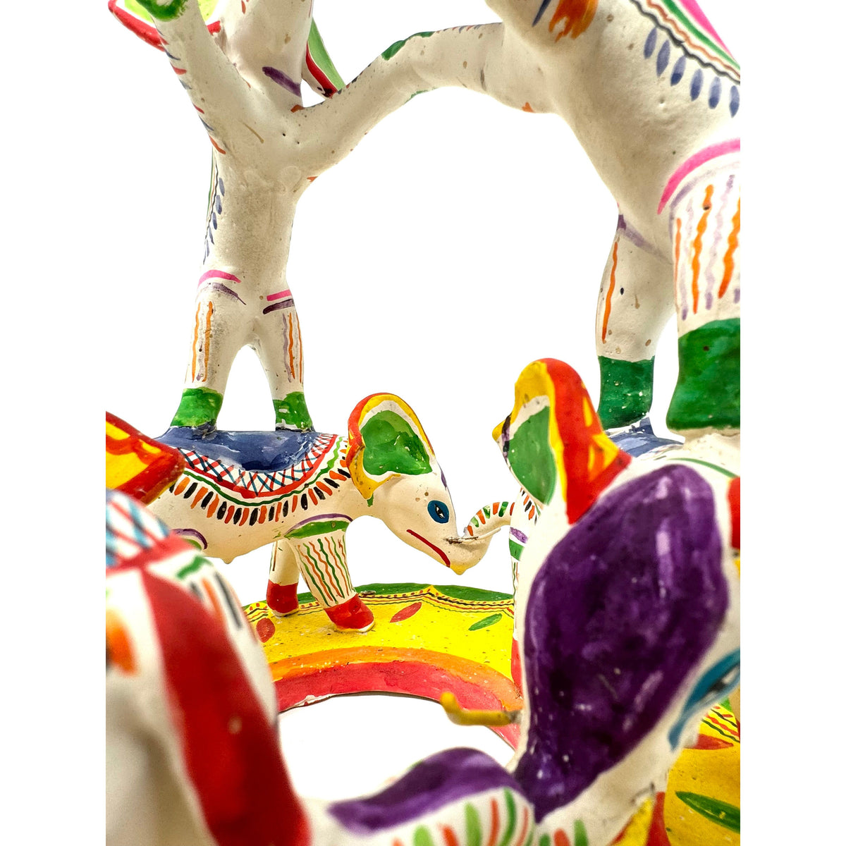 Brightly Painted Vintage Mexican 'Tree of Life' Pottery Sculpture of Elephants - 13" H X 10 " Diam.