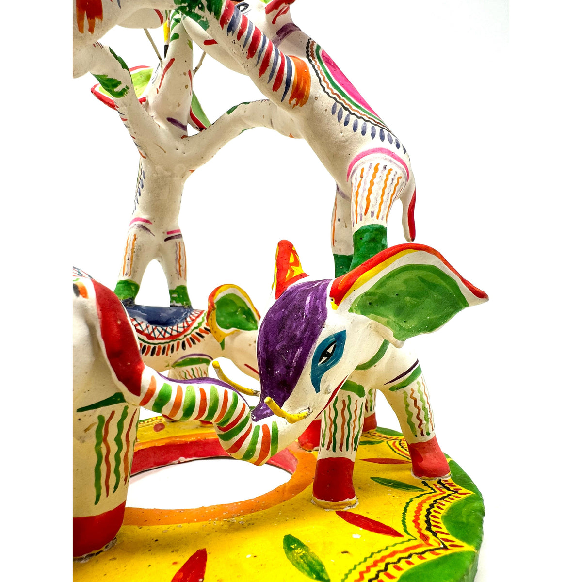 Brightly Painted Vintage Mexican 'Tree of Life' Pottery Sculpture of Elephants - 13" H X 10 " Diam.