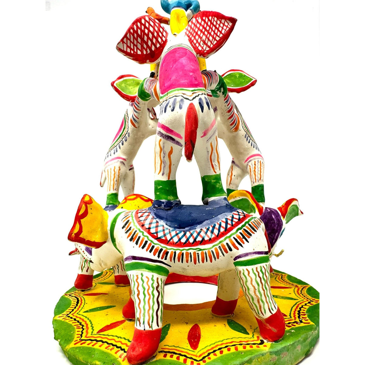 Brightly Painted Vintage Mexican 'Tree of Life' Pottery Sculpture of Elephants - 13" H X 10 " Diam.