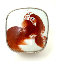 Antique Chinese Red Lion/Foo Dog Porcelain Fragment Jewelry/Trinket Box with Silver Finished Mount - 3" L X 3" W X 1.75" H