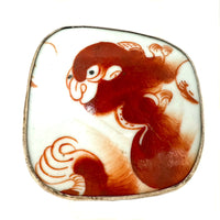 Antique Chinese Red Lion/Foo Dog with Tail Porcelain Fragment Jewelry/Trinket Box with Silver Finished Mount